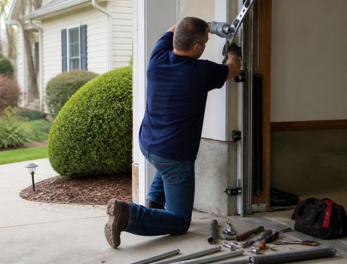 Ascen Doors technician replacing a garage door spring and track